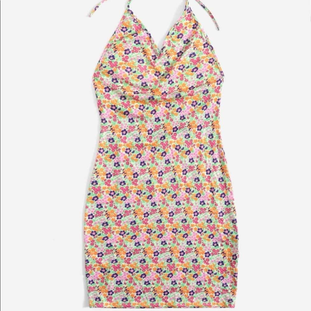 SHEIN Floral Halter Backless Summer Mini Dress